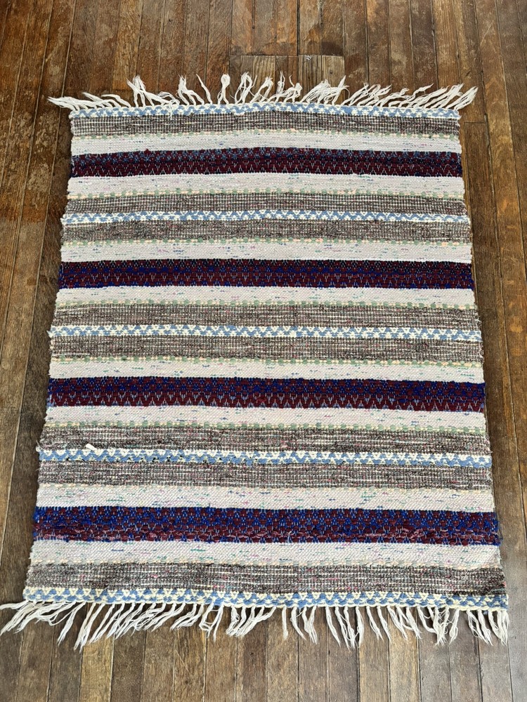 Stripes Swedish Hand Made Rag Rug (32 x 38.5 inches) 1930s