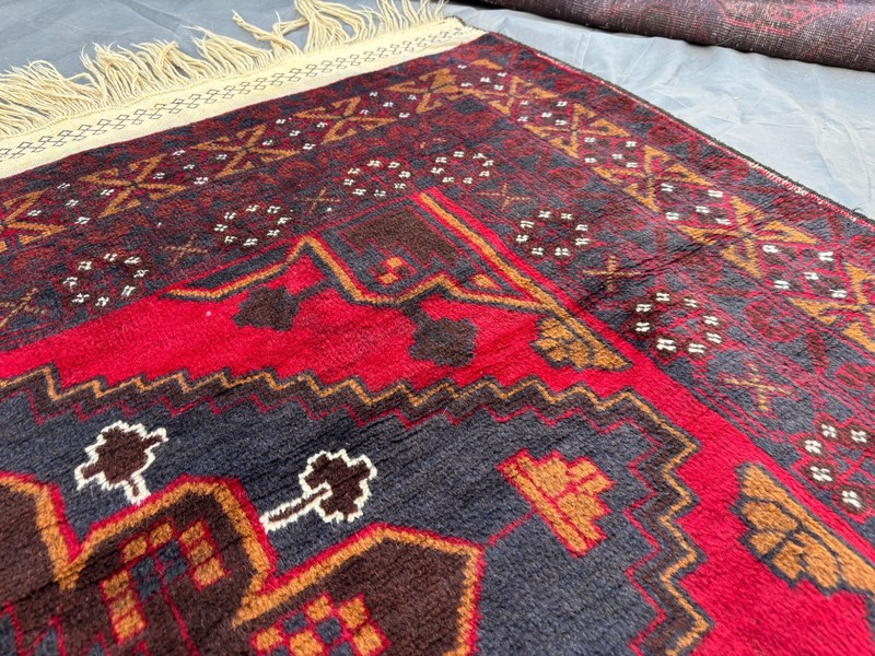 Vintage Afghan Baluchi Runner Rug 5x13 Red Navy Geometric Hand Knotted Wool Rug gallery