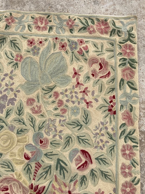 Vintage Handmade Kashmir French Floral Wool Chain Stitch Rug 90x59 cm gallery