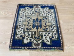 Blue rug, Square rug, Turkish rug, Vintage rug, Wool rug, Doormat, 1.4 x 1.6 ft