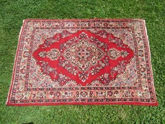 Antique Oriental Wool Hand Woven Rug~Red/Sky/Pink/Navy/Turquoise Green ~5’+x3’+
