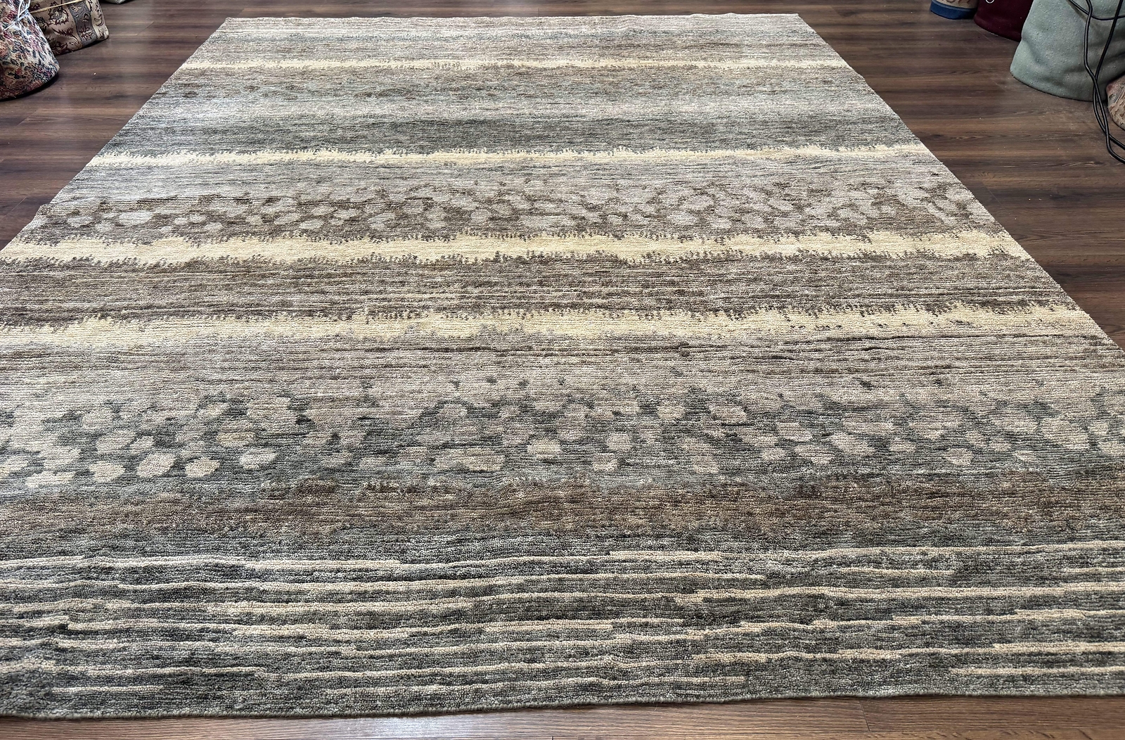 Modern Tibetan Wool Rug 8x10, Abstract, Contemporary, Handmade, Gray, Stripes gallery