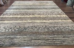 Modern Tibetan Wool Rug 8×10, Abstract, Contemporary, Handmade, Gray, Stripes