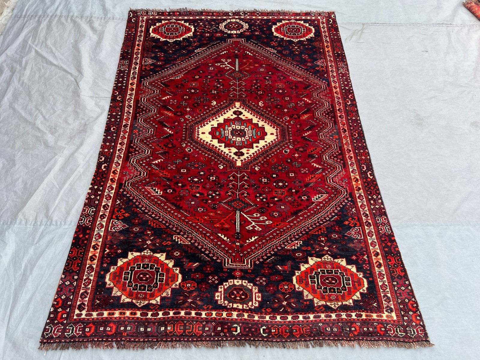 4'4x6'2 Ft Vintage Afghan Baluchi Red & Navy Geometric Hand Knotted Area Rug gallery
