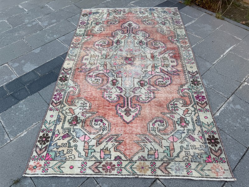Artisan Turkish Rug 4.4x7.2 Ft Salmon Wool Vintage Botanical Carpet Handmade gallery