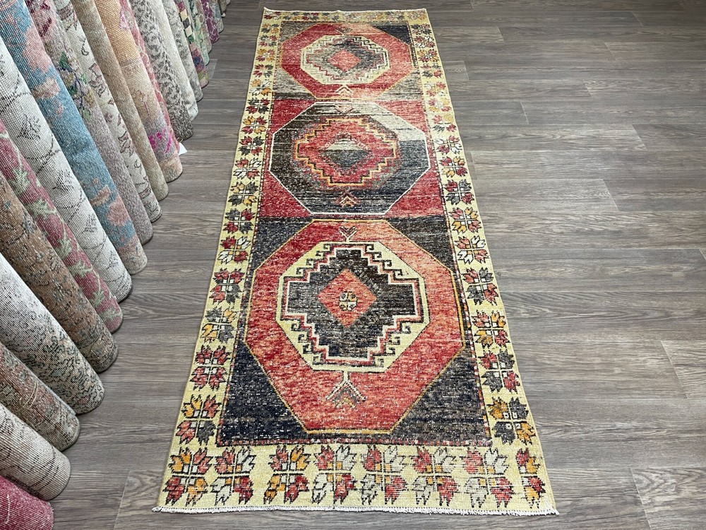 3x9 Hand-Knotted Turkish Runner Rug, Vintage Oushak Runner, Red Black Runner