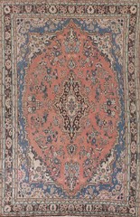 Coral Pink/ Brown Vintage Traditional Rug 7×10 Handmade Wool for Living Room