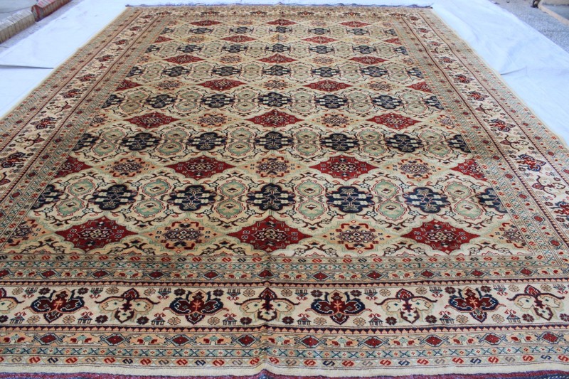 8x11ft Beige Floral Afghan Rug: Hand-Knotted Turkmen Wool gallery