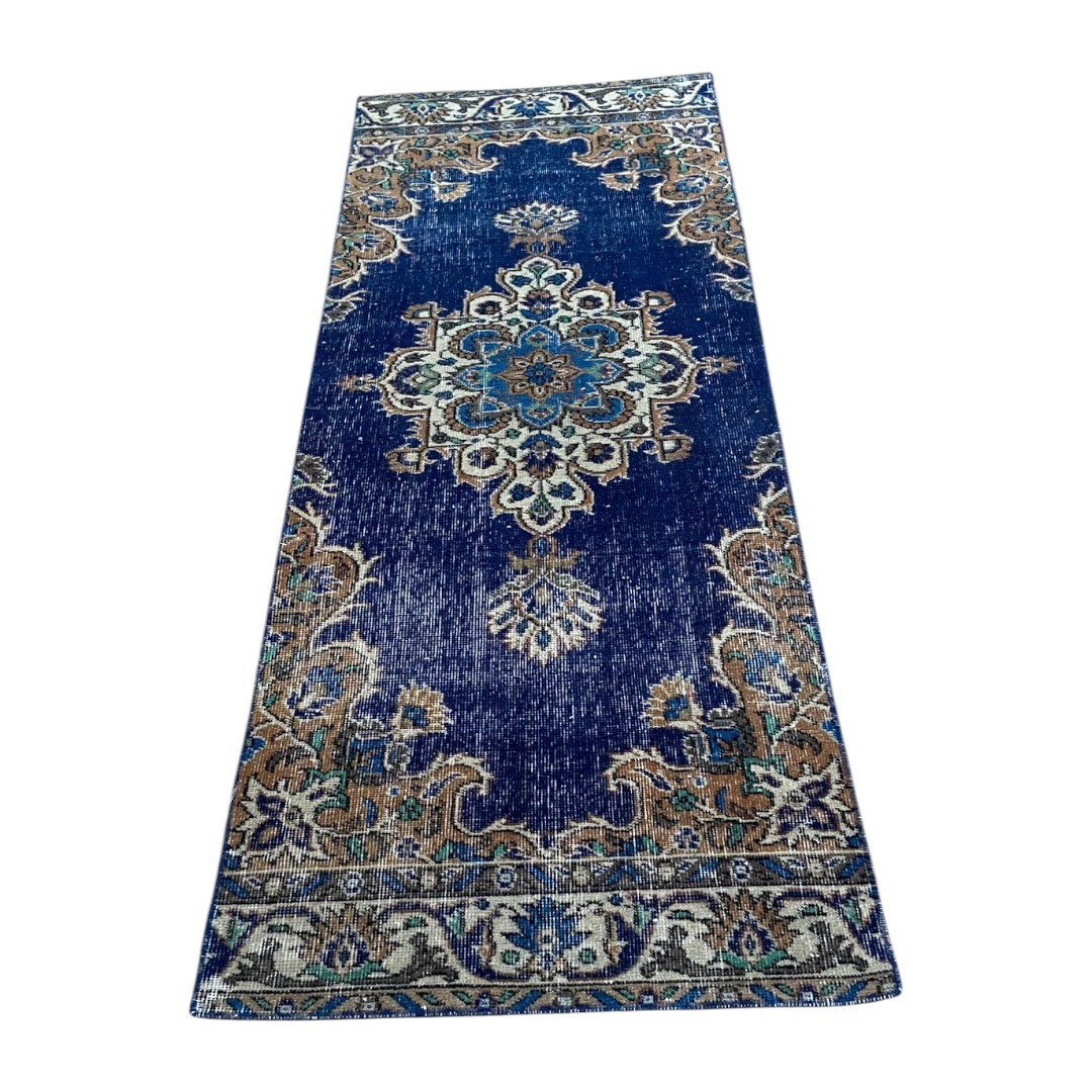 Hand-Knotted Wool Runner Rug: Vintage Blue Oriental Hallway Carpet (2.4x6.7 ft) gallery