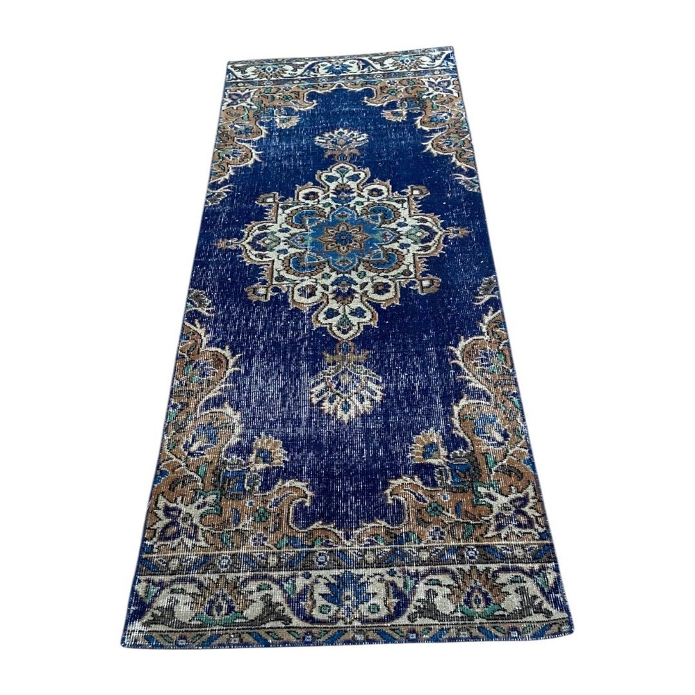 Hand-Knotted Wool Runner Rug: Vintage Blue Oriental Hallway Carpet (2.4x6.7 ft)