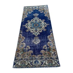 Hand-Knotted Wool Runner Rug: Vintage Blue Oriental Hallway Carpet (2.4×6.7 ft)