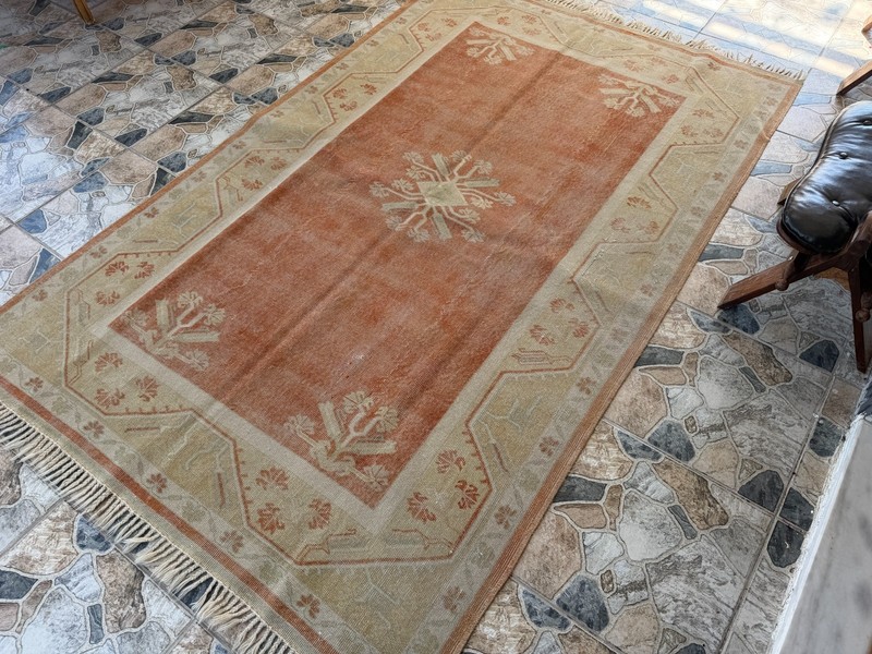 1990s Vintage Turkish Oushak Rug, Tribal Handmade Geometric Area Carpet 5x8 ft gallery