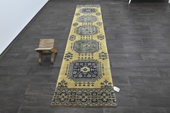 Vintage Turkish Runner Rug 3x12ft Wool Anatolian Handmade Hallway Oushak YELLOW