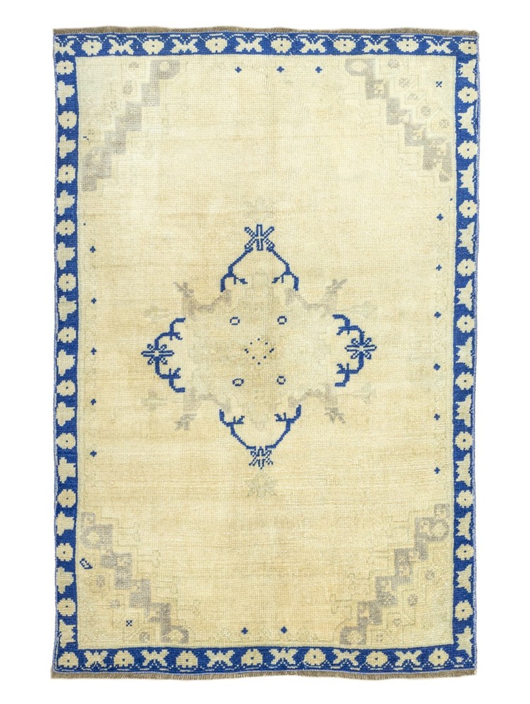 Vintage Oushak Wool Rug 3'4x5'1 ft – Handwoven Cream Blue Carpet for Entry Decor