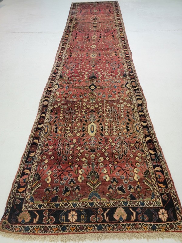 Antique Oriental Hand-Knotted Wool Runner Red/Ivory/Navy Blue/Blue 3'11" x 16'11 gallery