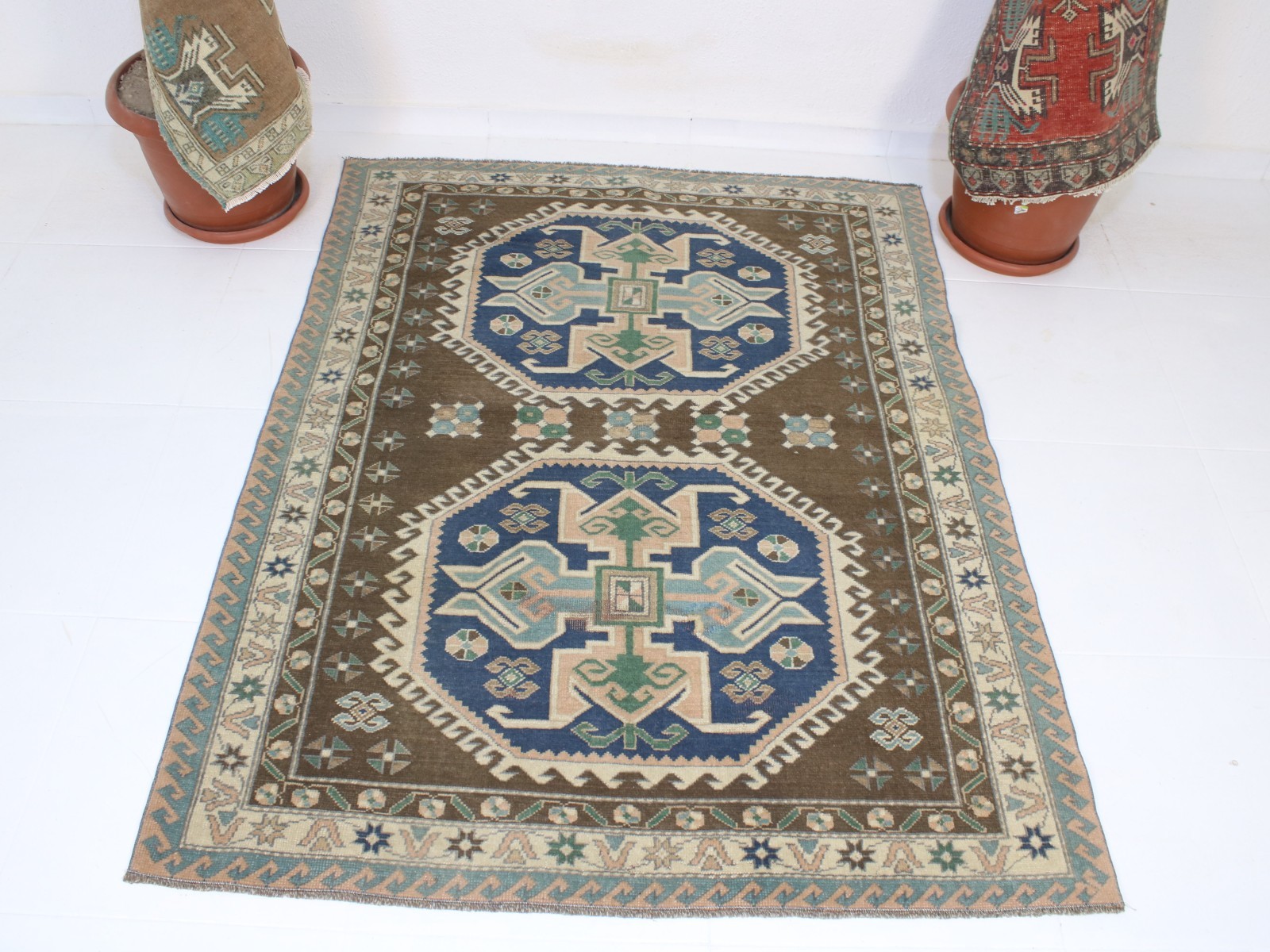 4x5 Turkish Handmade Area Rug Brown Blue Oriental Wool Rug 4.1x5.3 ft gallery