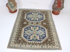 4×5 Turkish Handmade Area Rug Brown Blue Oriental Wool Rug 4.1×5.3 ft