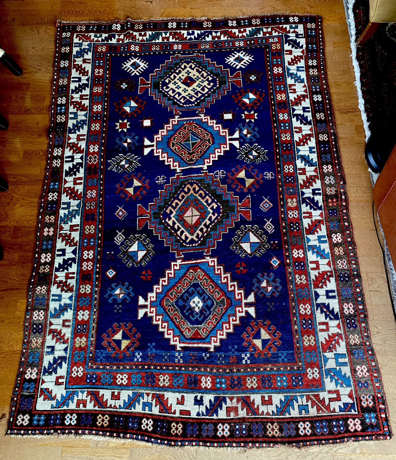 Antique 5 X 7 Kazak Caucasian Rug, Circa 1900 Stunning Cobalt Blue Ivory Ruby gallery