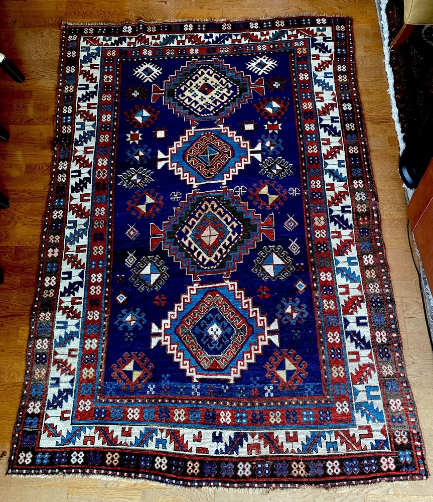 Antique 5 X 7 Kazak Caucasian Rug, Circa 1900 Stunning Cobalt Blue Ivory Ruby