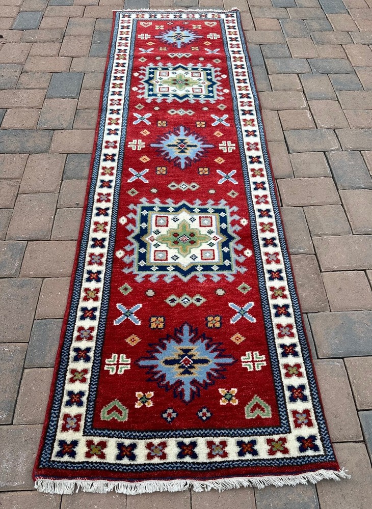 New Fine Quality Tribal Kazakh Runner Handmade in India, Thick Soft Pile, 2x9