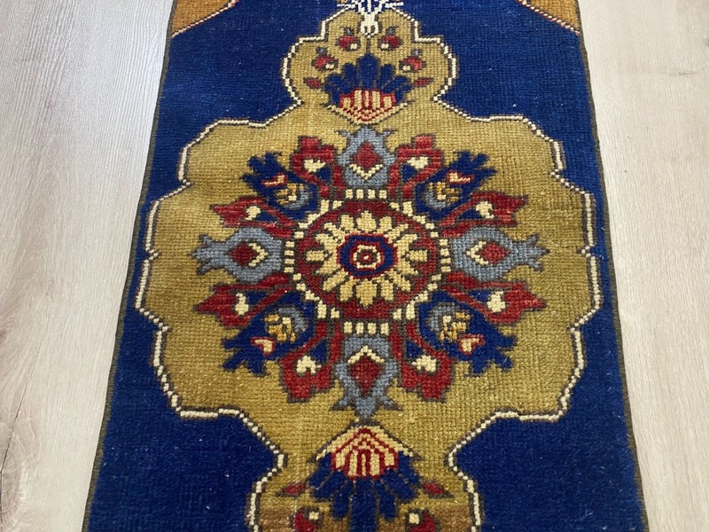 Vintage Turkish Hand Knotted Wool Runner Rug 1.3x2.6 Ft Blue Anatolian Rug gallery