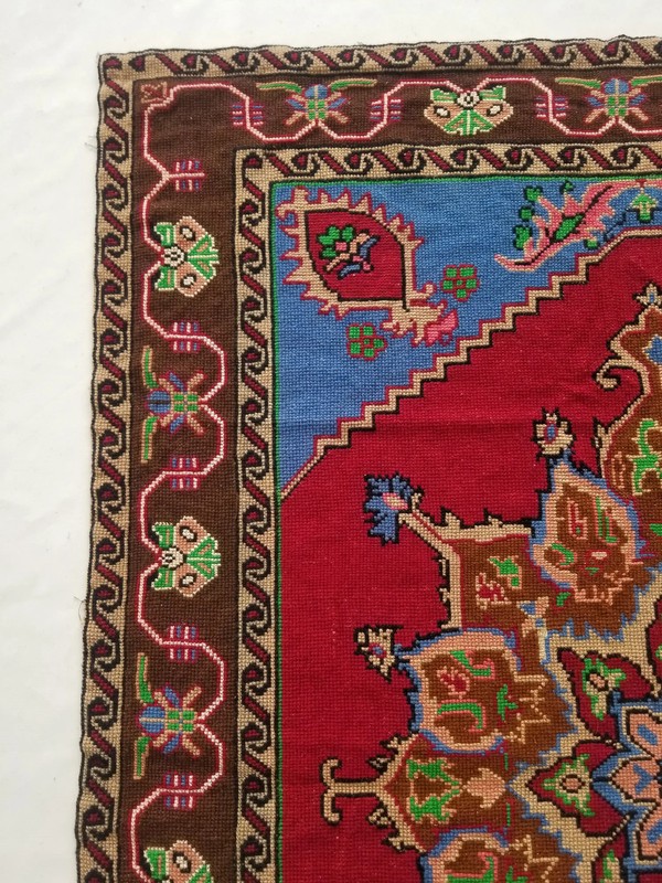Vintage French Needlepoint Handmade Floral Multicolor Wool Rug Carpet 5.8x4.5ft gallery