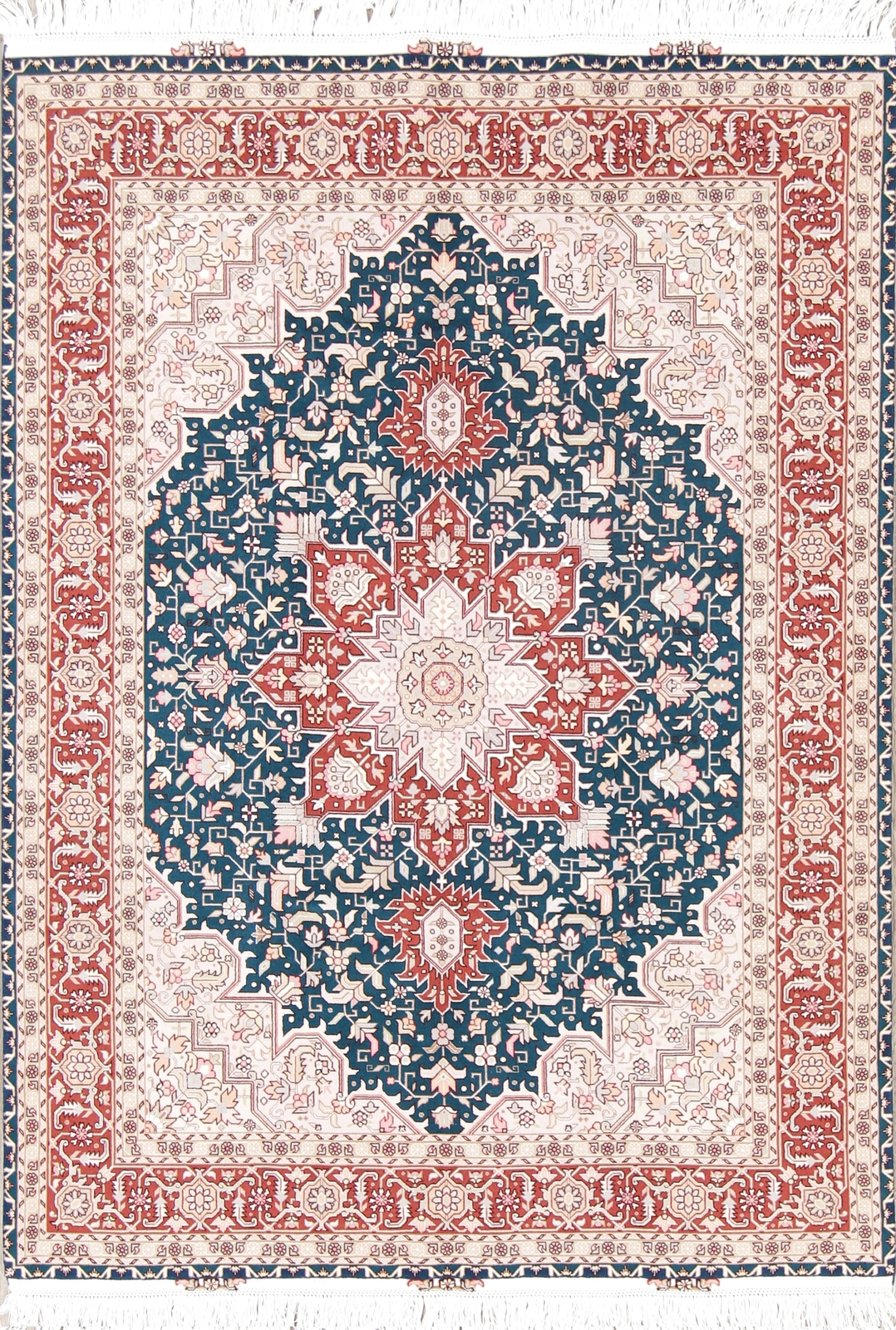 Geometric Dark Teal Green Tebriz Rug 5x7 Wool with Silk Highlight Handmade Rug gallery