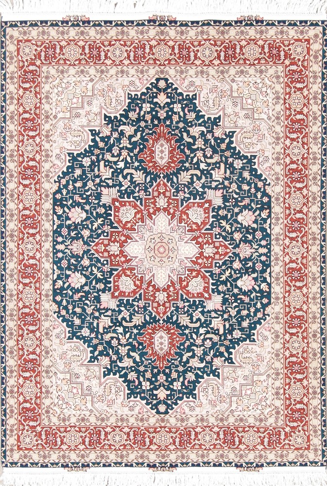 Geometric Dark Teal Green Tebriz Rug 5x7 Wool with Silk Highlight Handmade Rug