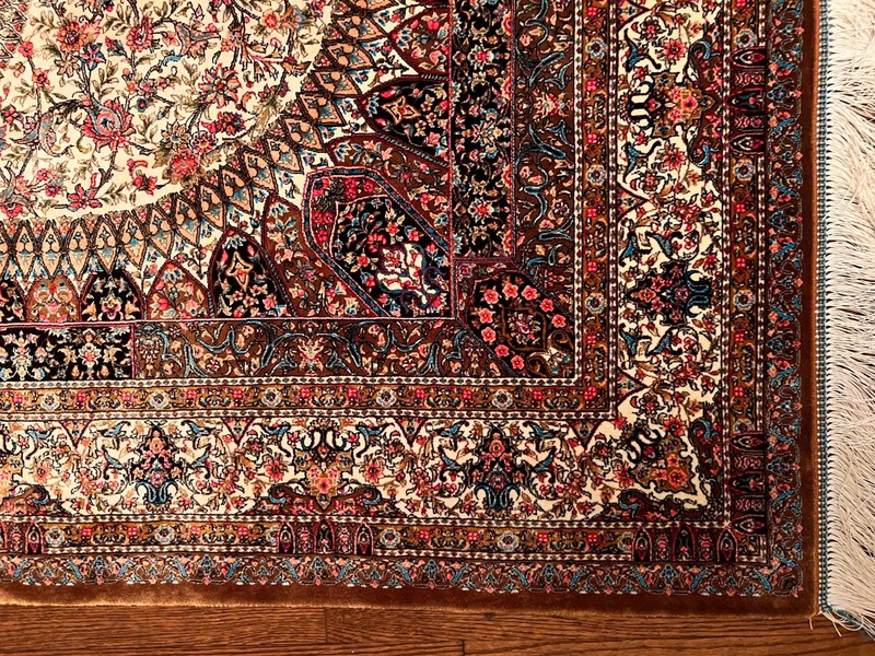 Turkish Silk Rug 3 ft x 5 ft Medallion, Pink and Ivory, Fine, Bamboo Silk gallery