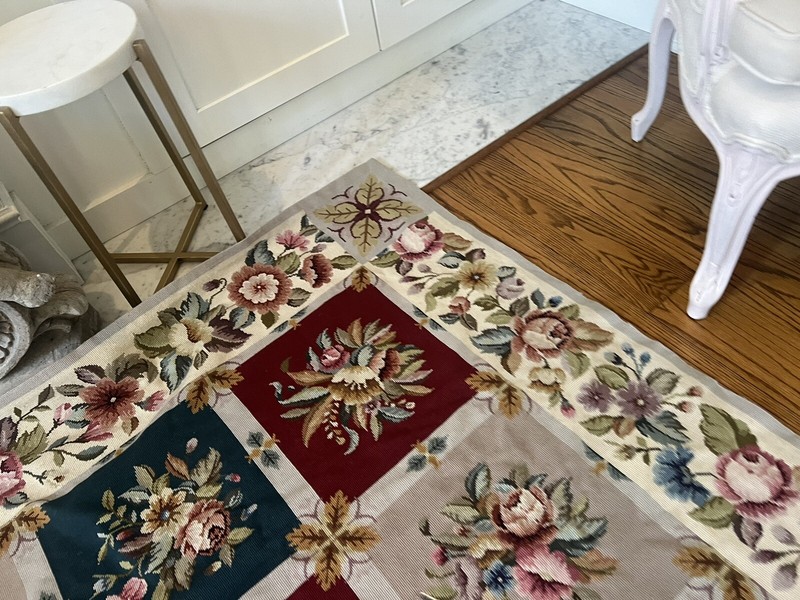 Aubusson Rug Needlepoint 7.5 X 9.5" Flowers Checker Roses Large gallery