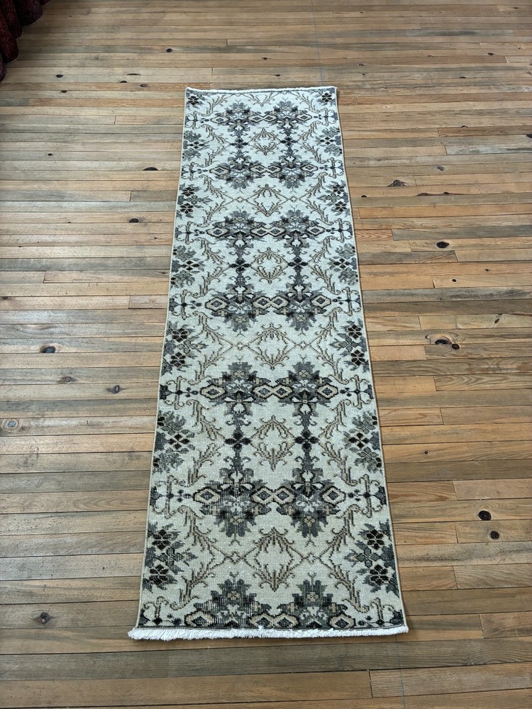 Rare Pastel Vintage Turkish Runner 2x8 Blush Pink Sage Wool Hand Knotted Rug