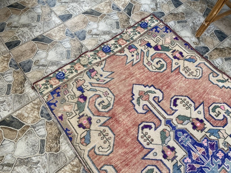 3x7 ft Vintage Turkish Area Rug Red Blue Oriental Anatolian Medallion Floral Rug gallery