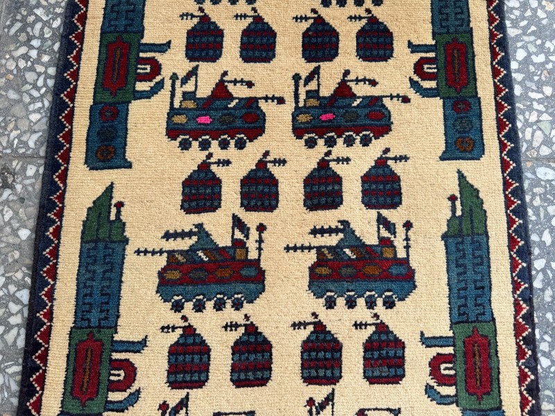 2x3 Afghan Hand Knotted War Rug Tanks Rifles Beige Wool Carpet New gallery