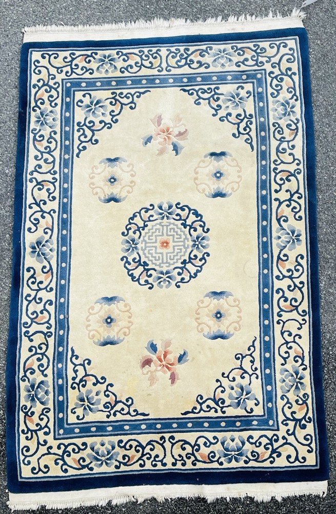 Gorgeous C1960 Hand Tied Sculpted Chinese Blue & White Peking Style Wool Rug