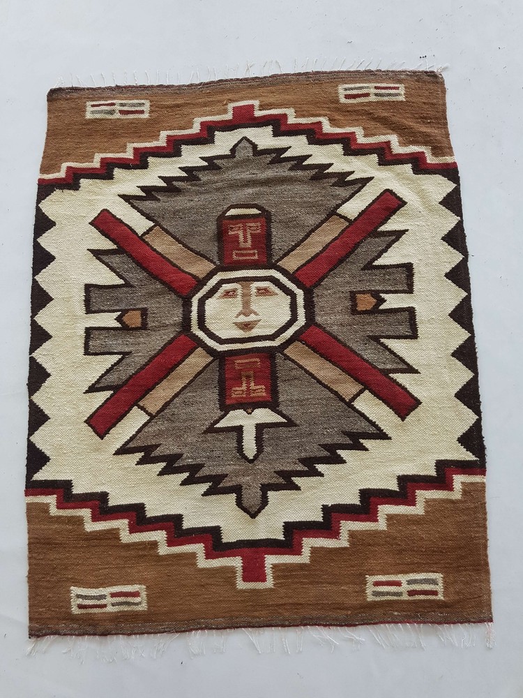Vintage Handmade Peruvian Pictorial Multicolor Kilim Rug Carpet 134x104cm
