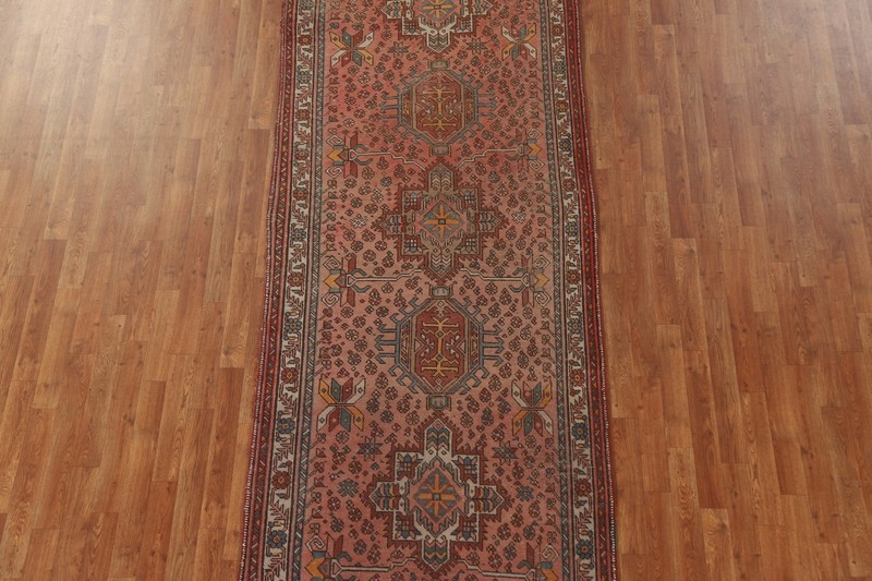 Holiday Deal! Semi-Antique Pink Wool Heriz Runner Rug 4x13 Handmade Wool Carpet gallery