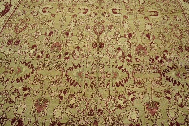 Antique Indian Agra Carpet 11'×29' Celadon & Burgundy, Geometric, Circa 1890 gallery