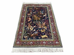 Indian Kashmiri Wool & Silk Rug 4×6 Hunting Scene Dark Blue Hand-Knotted Vintage