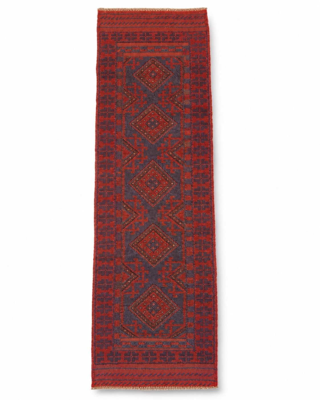 Vintage Afghan Baluchi Wool Runner Rug Handwoven Medallion Tribal Red Blue 2x8ft gallery