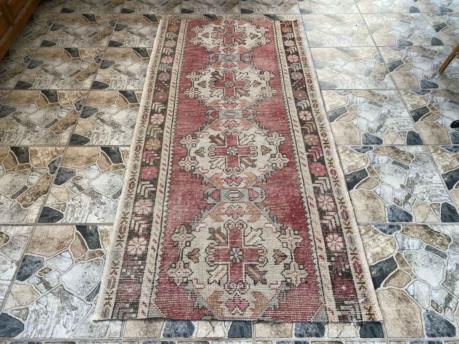 1970s Geometric Turkish Vintage Runner, Tribal Handmade Anatolian Rug 3.3 × 6.7 gallery