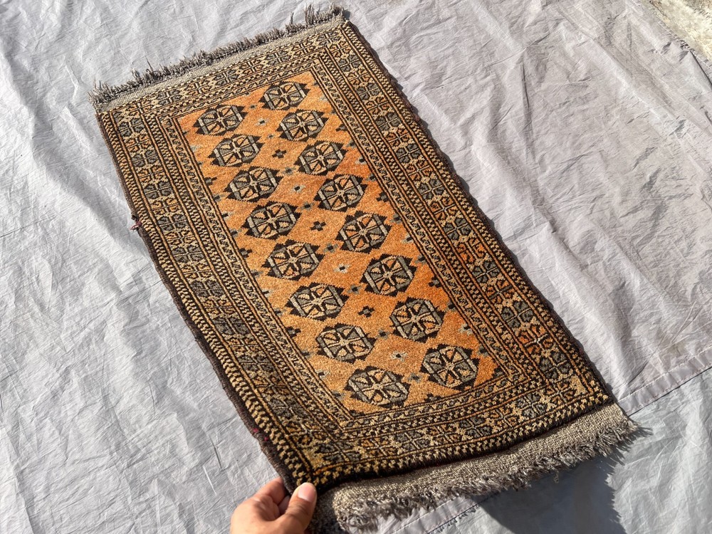 Beige Small Afghan Turkmen Area Rug 2x3 Hand Knotted Geometric Terracotta Carpet