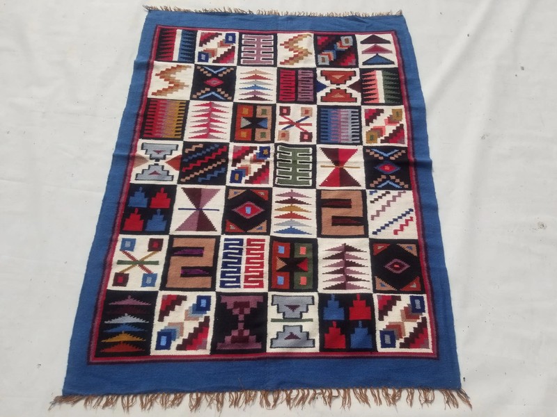 Vintage Traditional Handmade Peruvian Wool Blue Kilim 4.10x3.6ft gallery