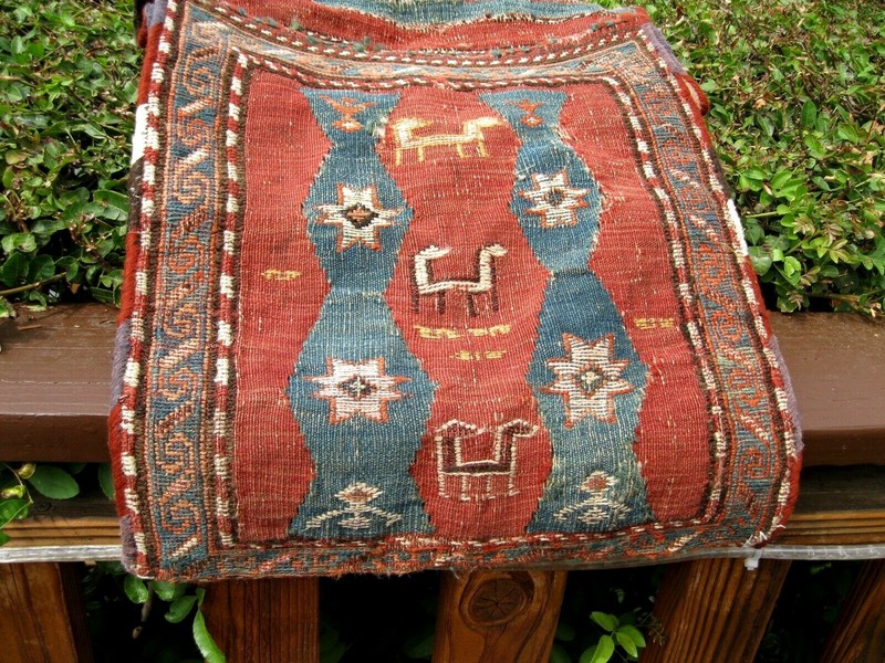 1880 CAUCASIAN ANTIQUE SADDLE BAG SOUMAC WITH ANIMALS gallery