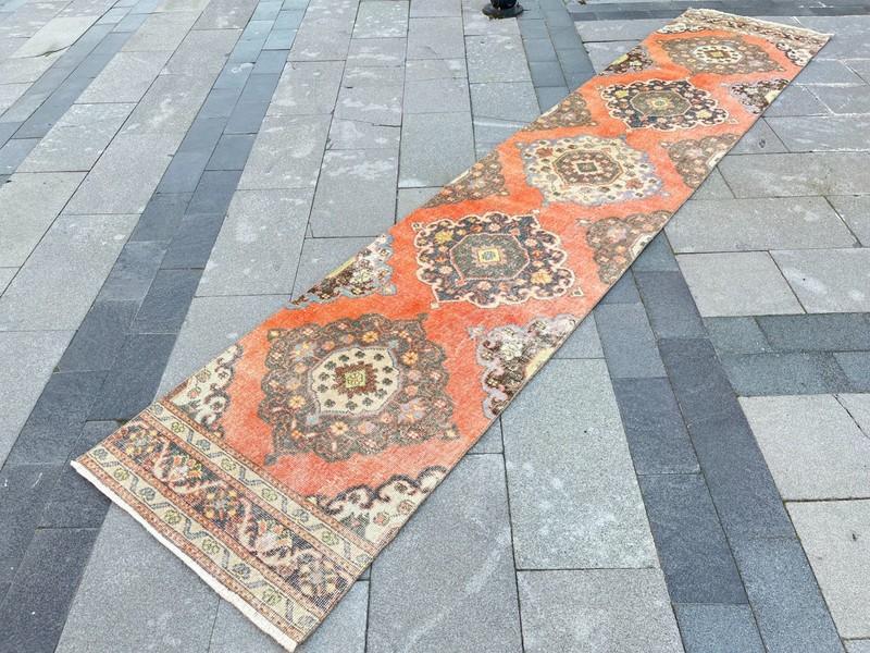 Vintage Turkish Oushak Runner Rug 2.4x12.4 Ft Coral Medallion Wool gallery