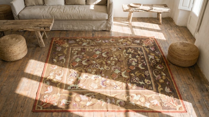 5'x5' Antique Square Brown Earth Tone Floral French Aubusson Flat Woven Rug gallery
