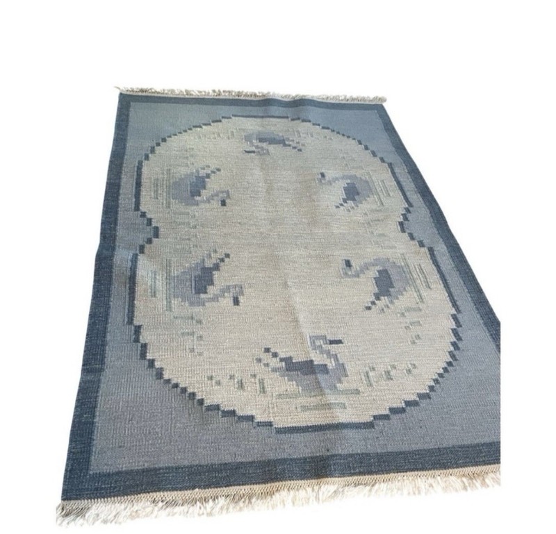 Swedish Wool Flatweave Rug Duck Motif Blue Gray Folk Art 80x54 vintage rug gallery