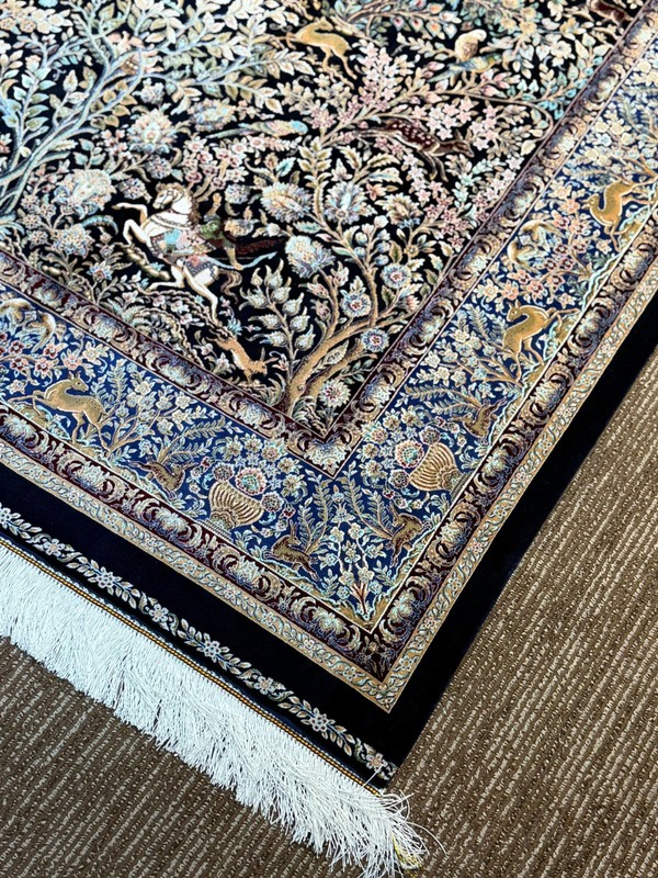 Hunting Pattern Silk Rug 3x5, Animal Pictorial, Vintage Design Bamboo Silk, New gallery