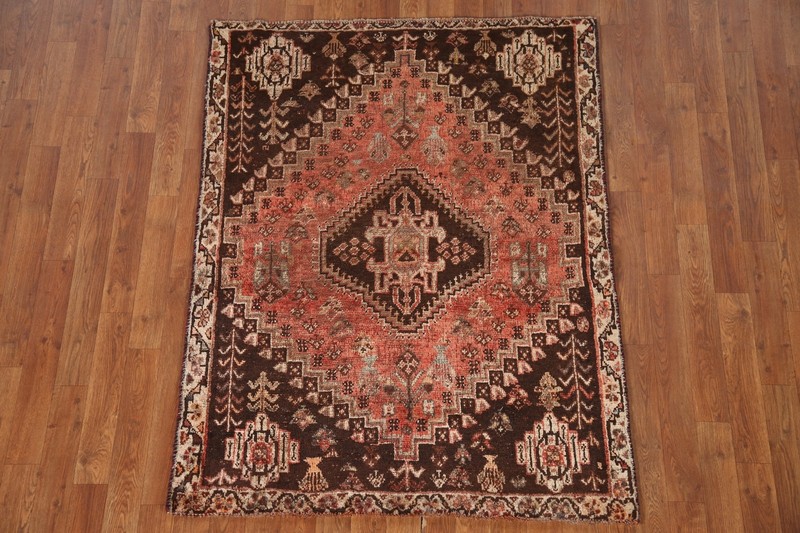 Antique Rug 4x5 ft.Geometric Qashqai Oriental Handmade Low Pile Wool Area Rug gallery