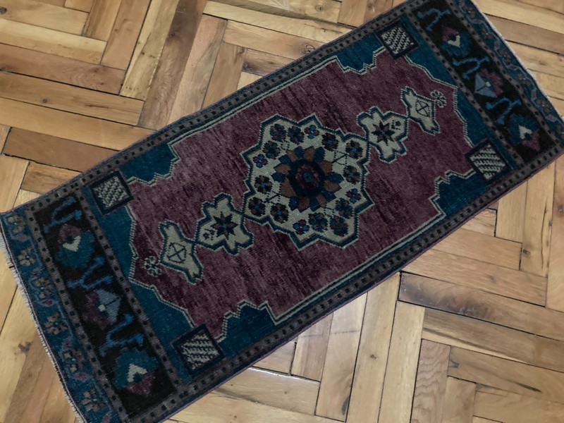Anatolian Handmade Turkish Boho Rug 1.4x3.2 ft Vintage Purple Blue Tribal Carpet gallery