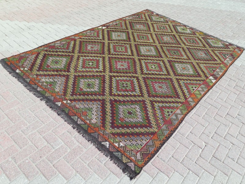 Vintage Multicolor Geometric Turkish Rug, Large Handwoven Cecim Carpet 92"x138" gallery